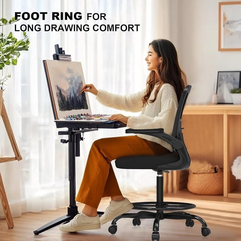 Ergonomic Drafting Chair Adjustable Lumbar Support Flip-up Armrests Footrest