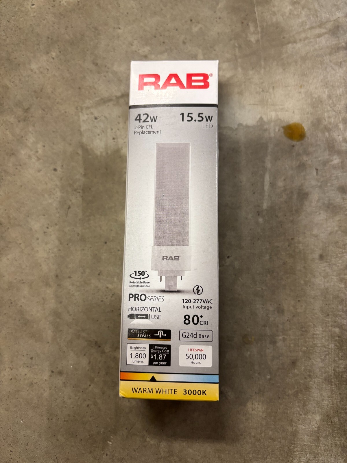 NEW IN BOX RAB PLT-15.5-H-830-BYP 15.5W 3000K LED LAMP 42W CFL REPLACEMENT G24d