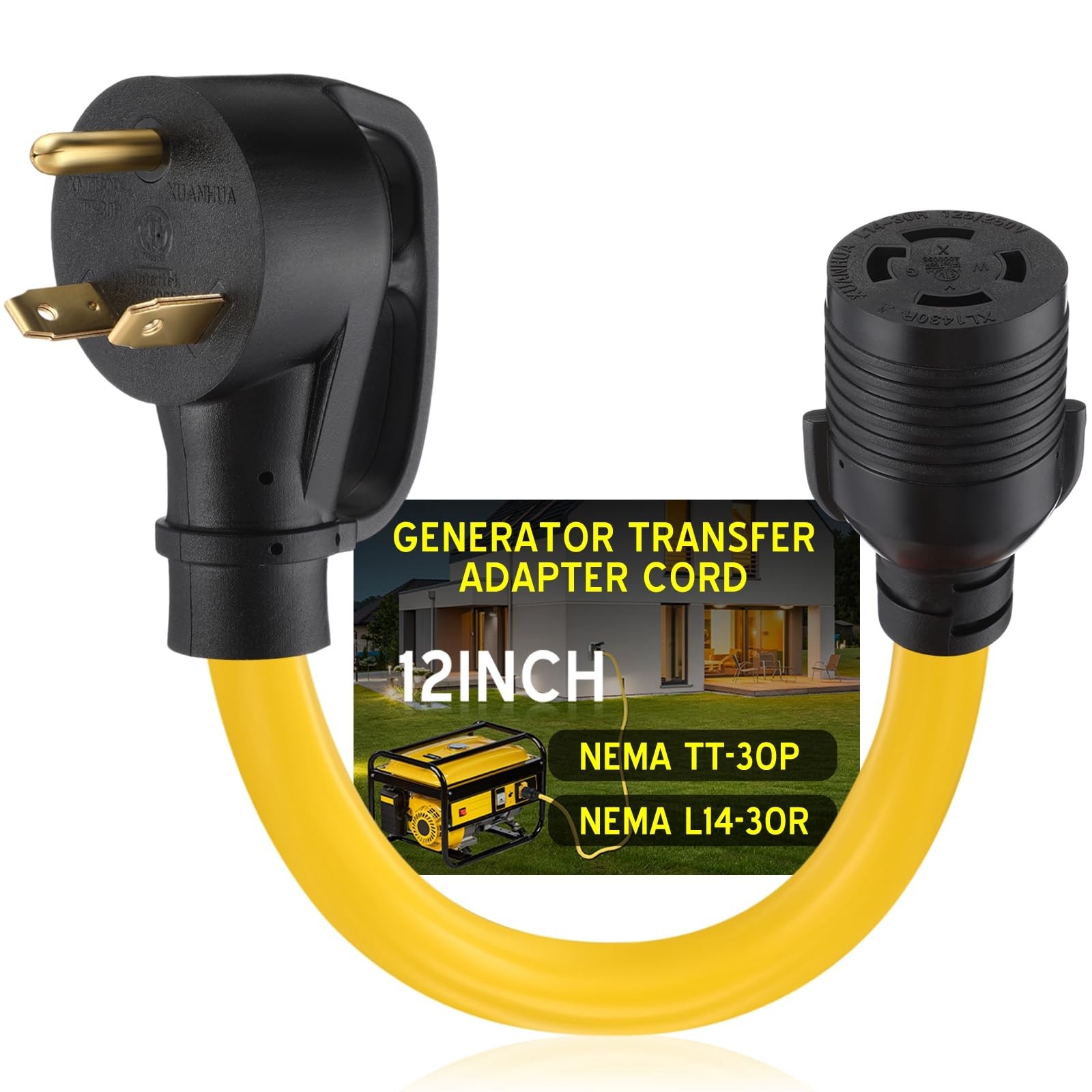 Tellegloww NEMA TT-30P to L14-30R 30 Amp Generator Adapter Cord, 1 ft, yellow