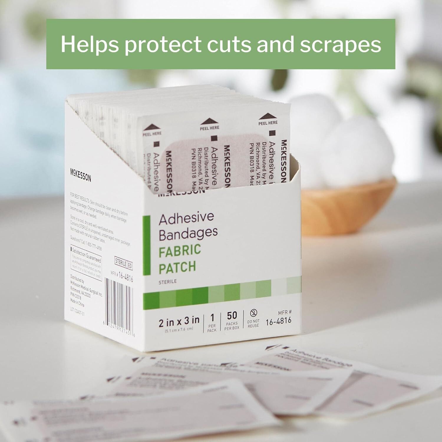 McKesson Adhesive Bandages, Sterile, Fabric Patch, 2 in 2 X 3 Inch, 50 Count