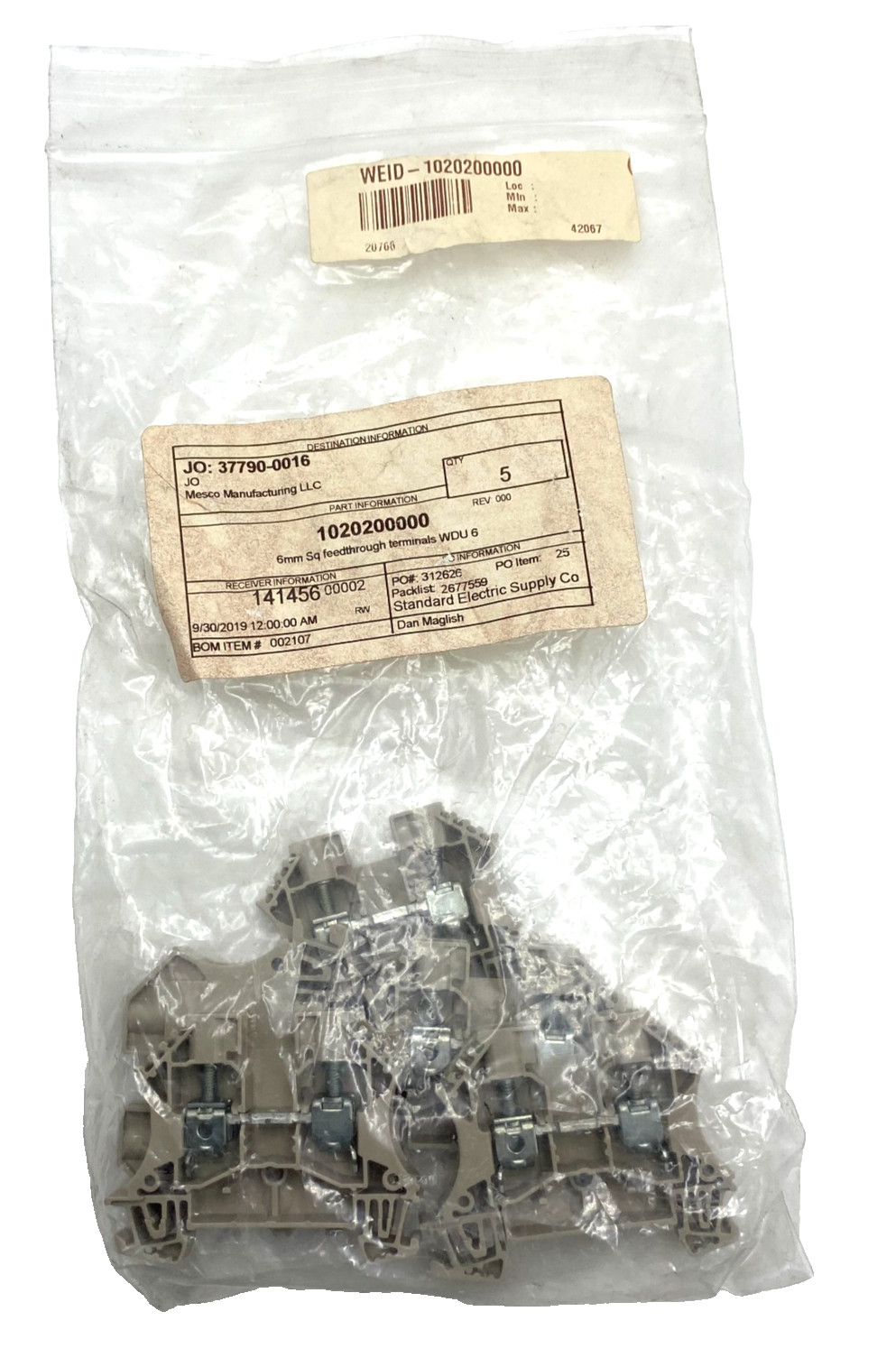 Weidmüller 1020200000 WDU6 6mm Sq Feedthrough Terminals – Lot of 5