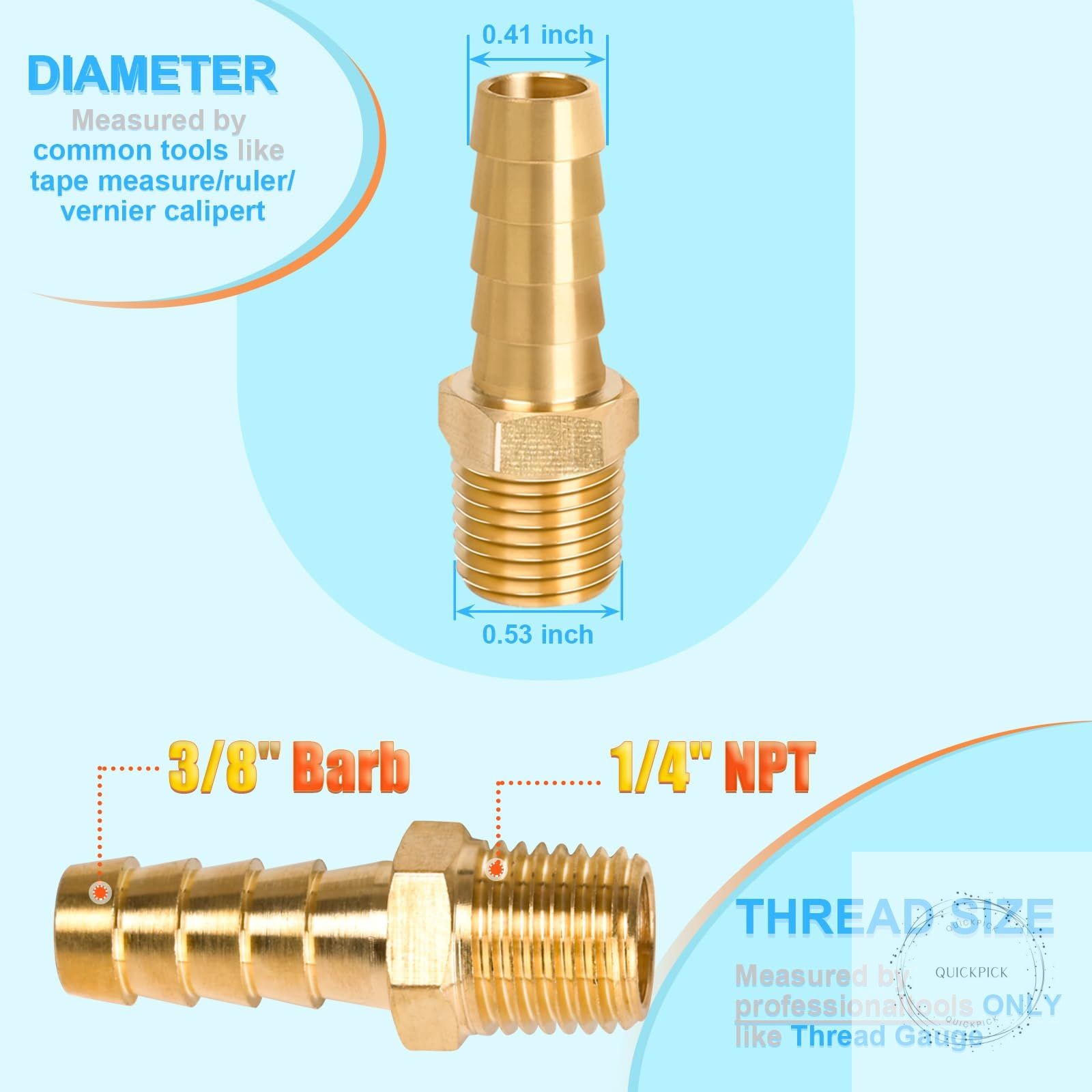 6 Pcs Brass Hose Fittings, 1/4 NPT to 3/8 Barb Barbed Hose Fittings, Male Thread