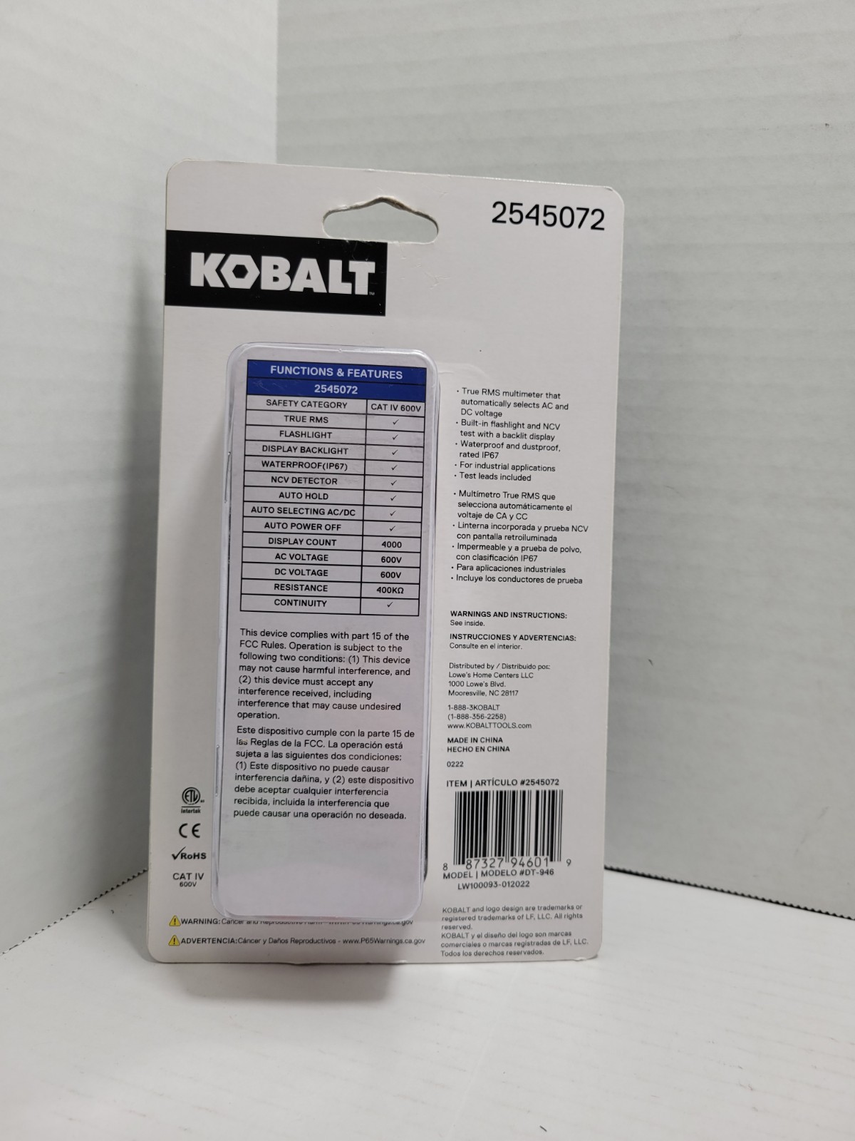 KOBALT DT-946 2545072 DIGITAL TRUE RMS MILTIMETER CAT IV 600V IP67 – NEW!