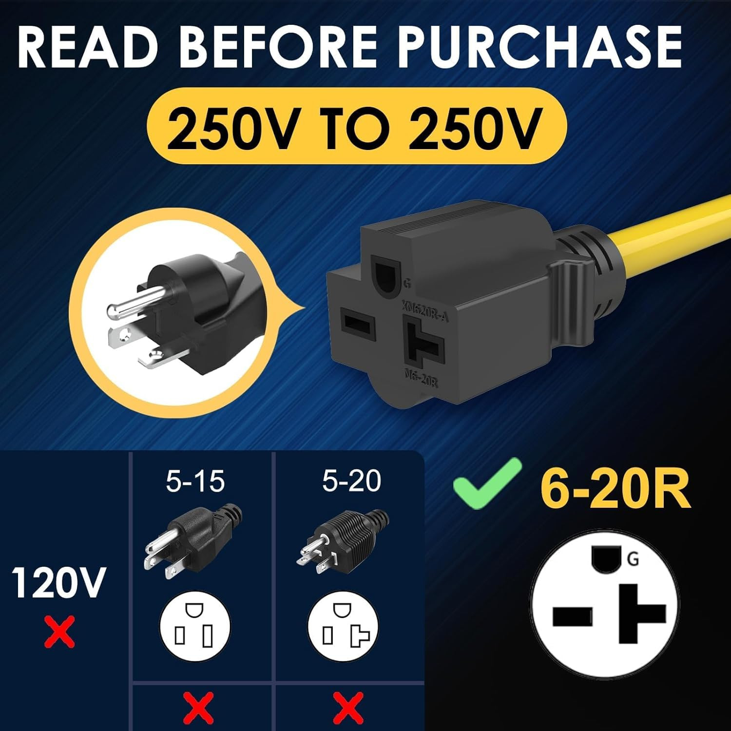 10 AWG Heavy Duty NEMA 14-50P to 6-20R 250 Volt 4-Prong 50 Amp to 20 Amp Adapter