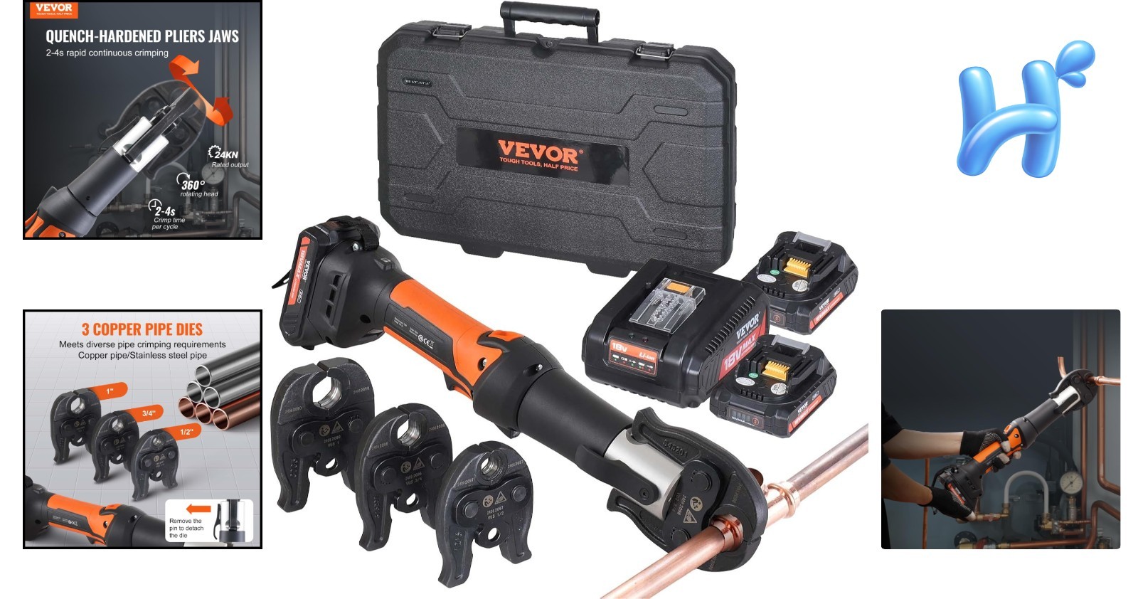Efficient 18V Electric Pipe Crimper with OLED Display & 3 Jaws for Copper Pipes