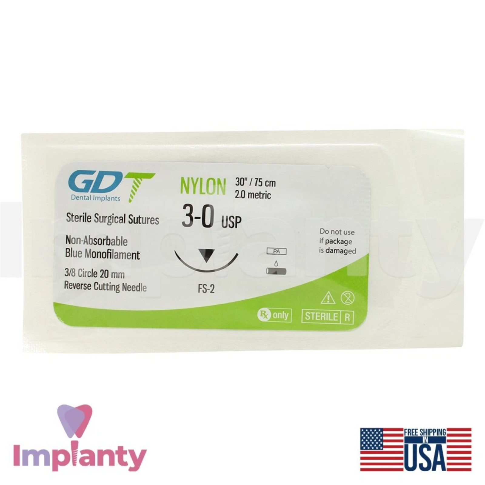 GDT Dental Mon0fiIament Nylon Suture 12pcs Blue Sterile Individual Packs 75cm