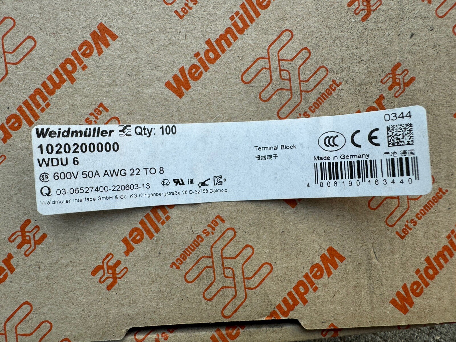 Weidmuller terminal block WDU 6 1020200000 (100) Pieces.