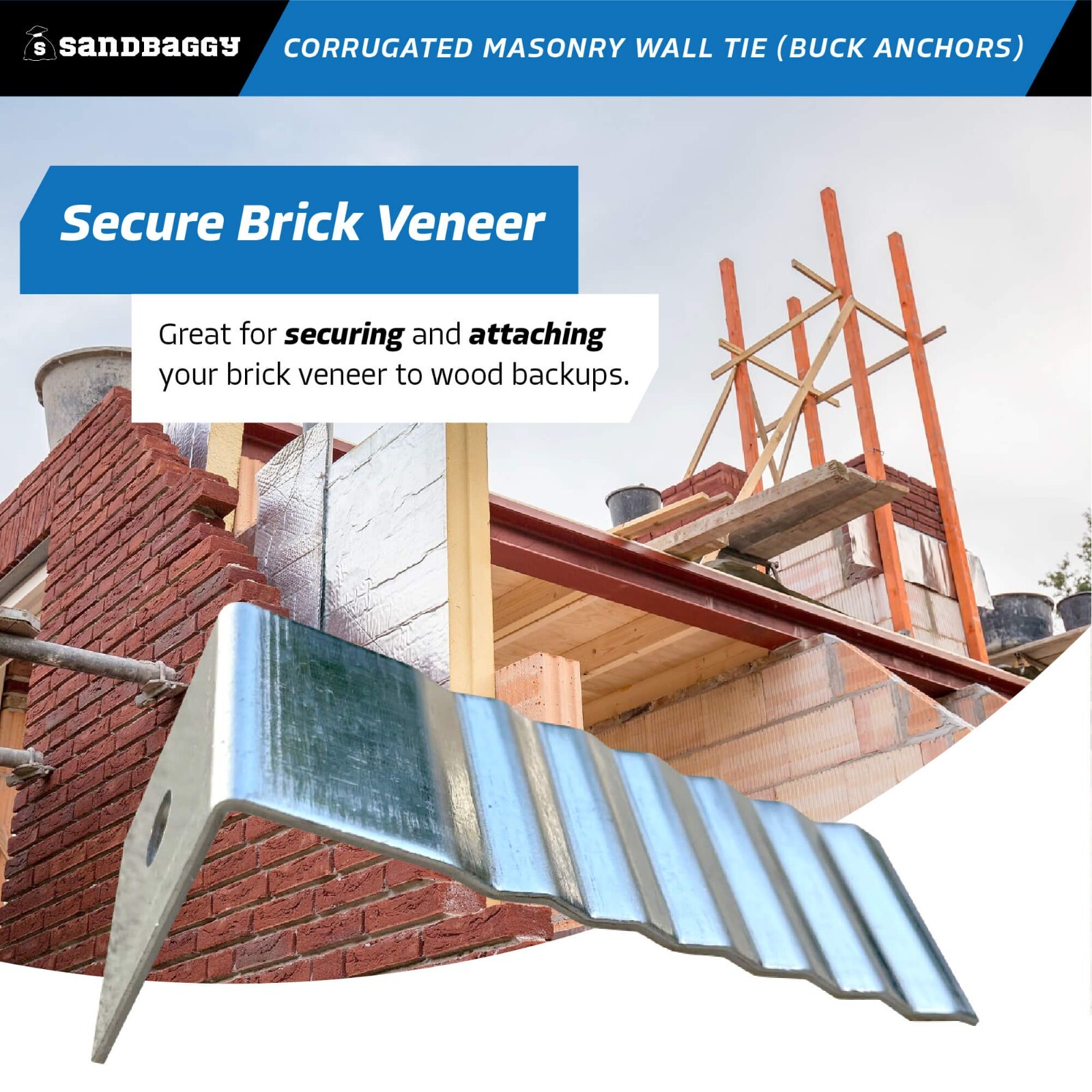 Sandbaggy Corrugated Masonry Wall Tie – Buck Anchor – 16 Ga (Hot Dip Galvanized)