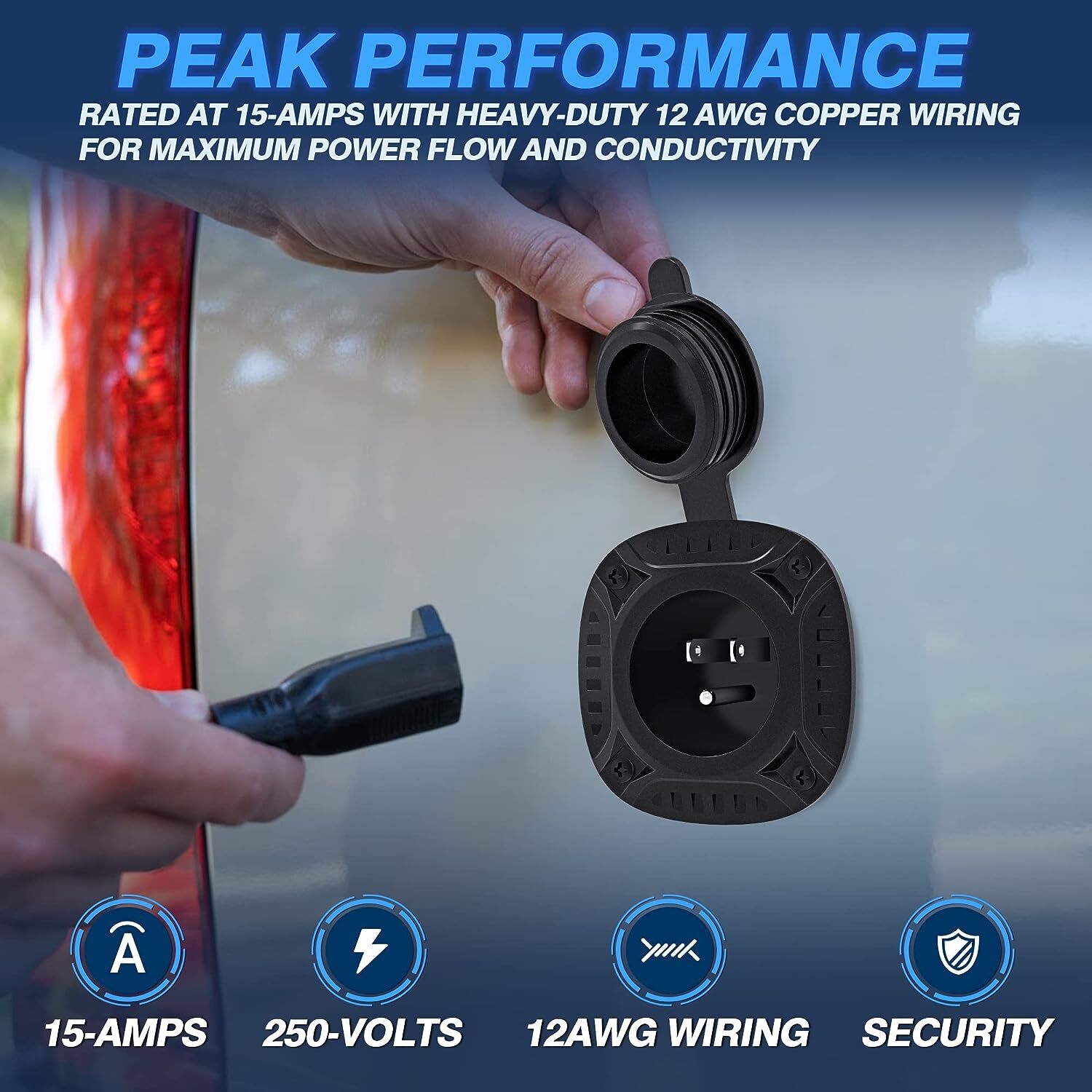 15A 250V AC Port Plug RV Power Shore Inlet Socket, Dual 18″ Integrated Extension