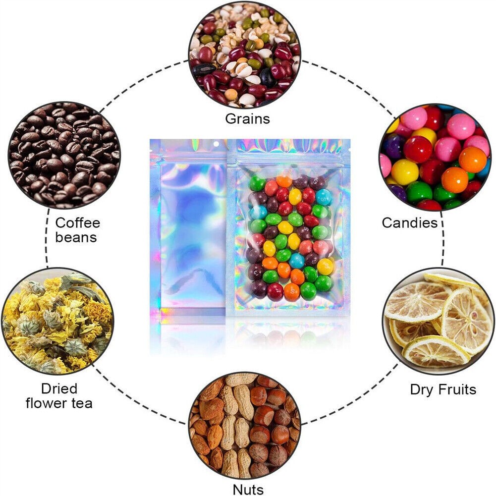 400PCS Holographic Mylar Foil Bag Resealable Zipper Pouch Packaging Clear Front