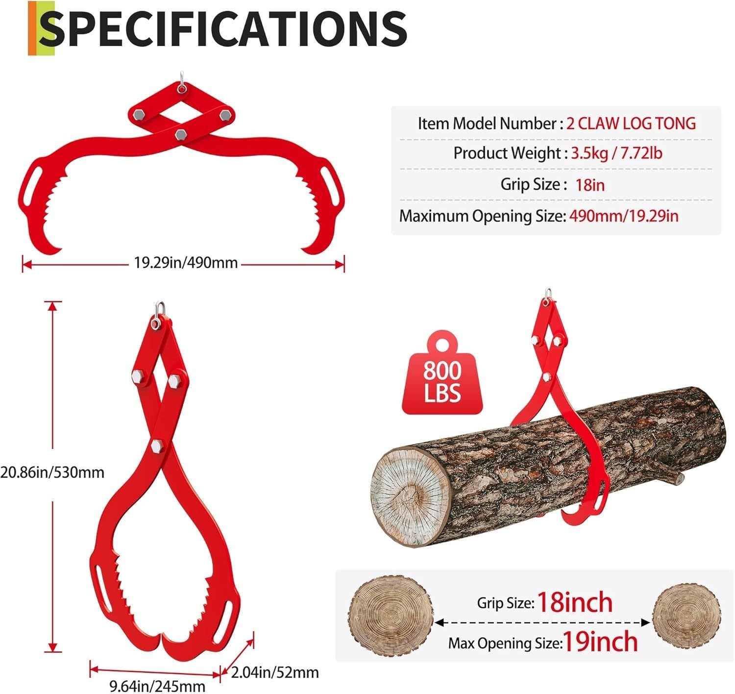 18″ 2-Claws Hook Log Lifting Tongs Heavy Duty Metal Grapple Timber Claw 800lbs