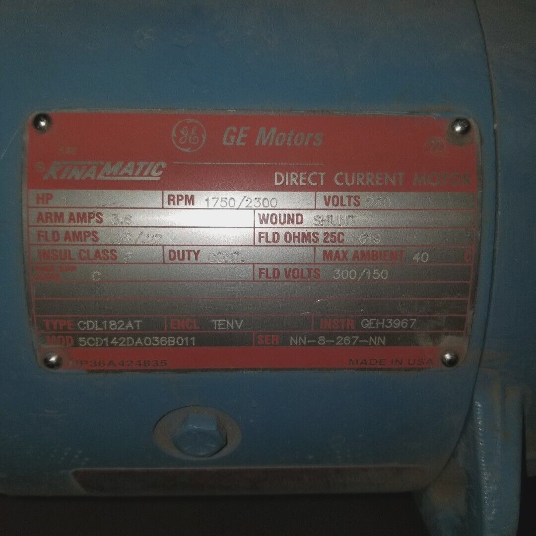 GE Motors Kinamatic DC Motor 5CD142DA036B011, 1hp, 1750/2300RPM, 240V/3.6A