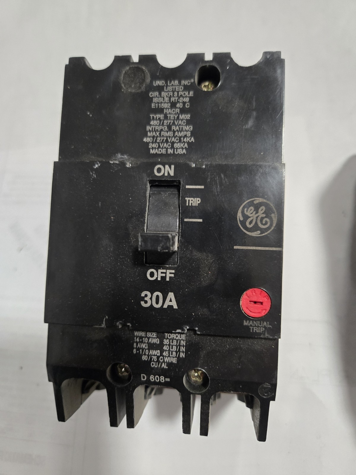 1-GE TEY330 Circuit Breaker 30 Amp Bolt-On 480y/277V