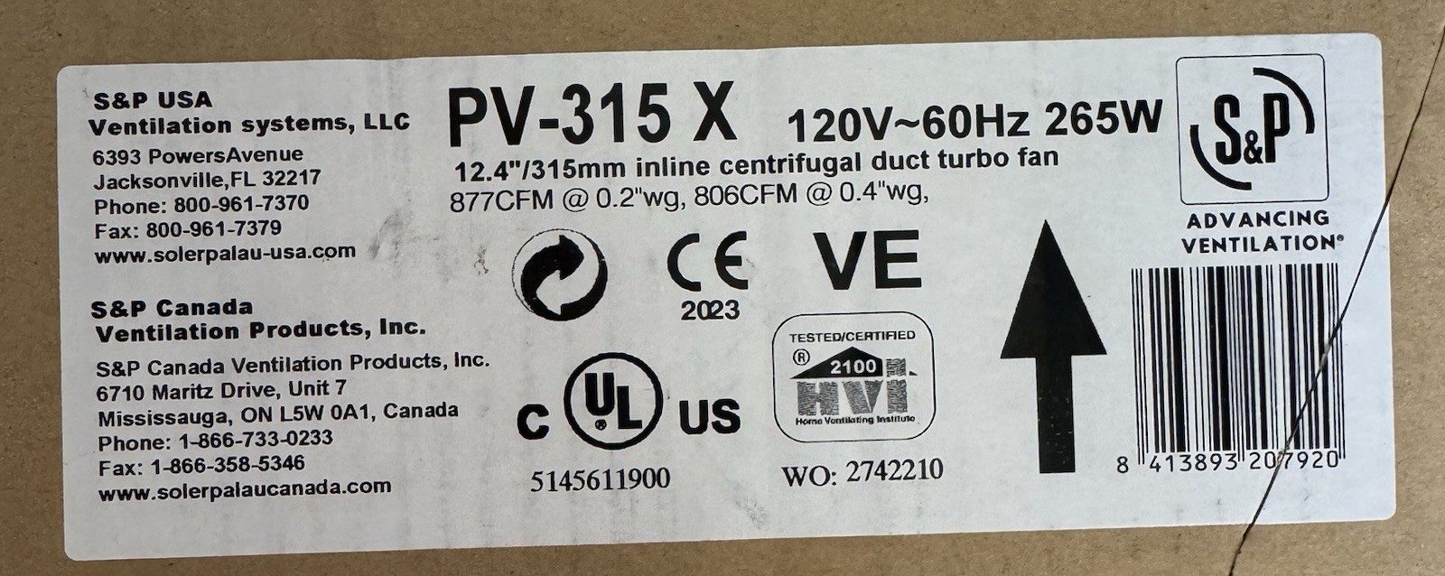 Soler and Palau PV-315X 12.4″/315MM Inline Centrifugal Duct Fan – Black