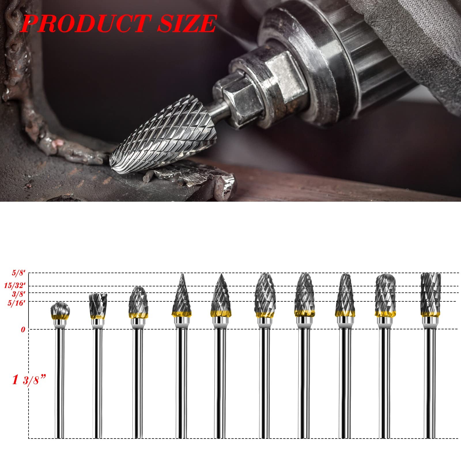Tungsten Carbide Rotary Burr Set 10PCS Double Cut Grinding Head 1/4 In Die Gr…