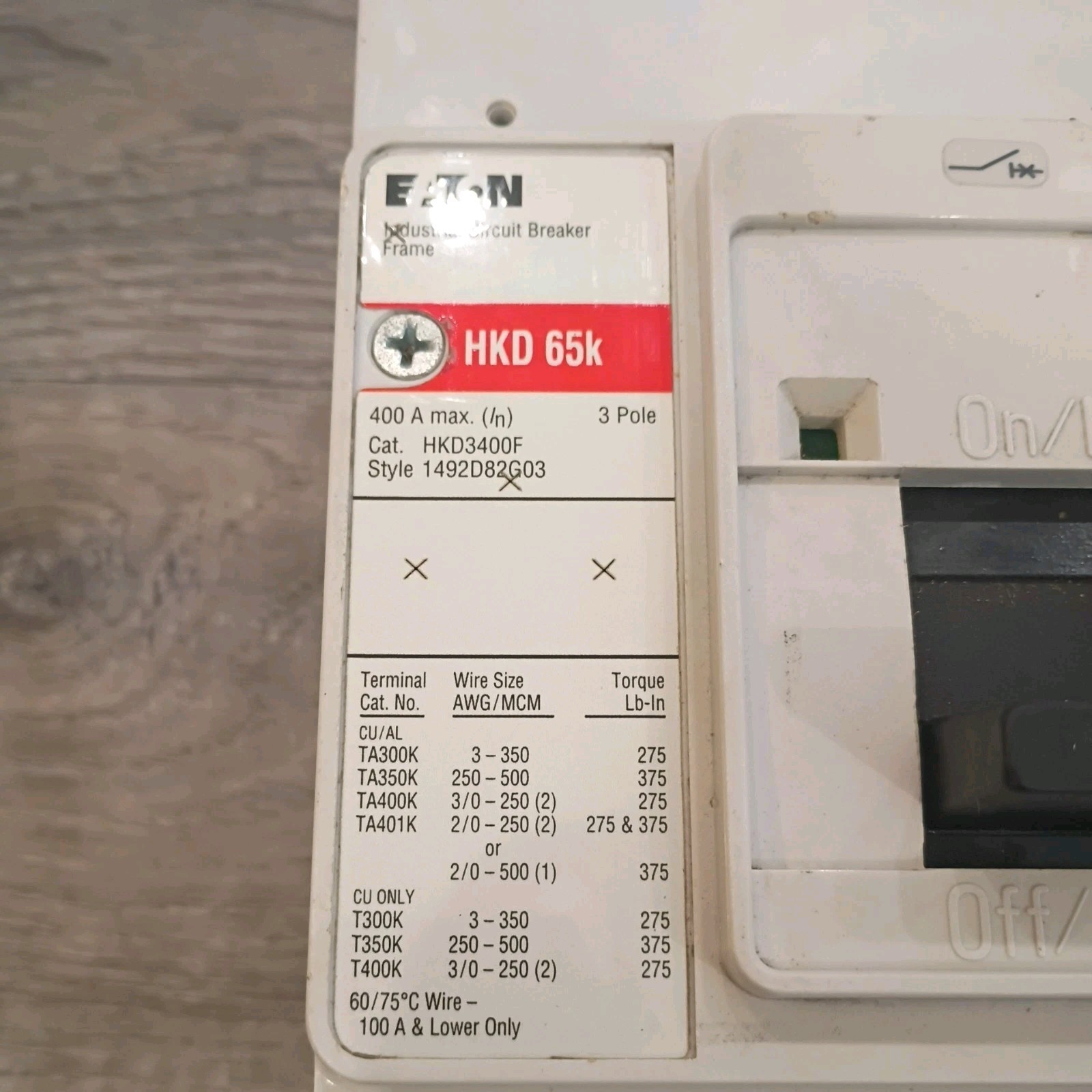 Eaton HKD3400F 65K 600V 400A Circuit Breaker with KT3225T Overloads.