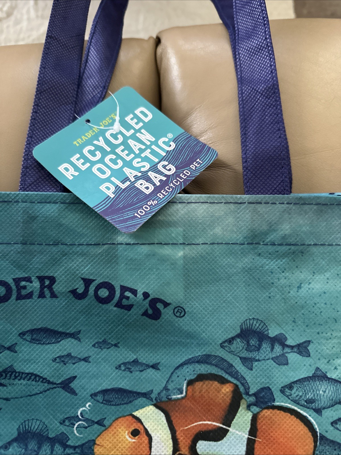 NWT Trader Joe’s Bag Reusable Shopping Ocean Theme Recycled Plastic Blue
