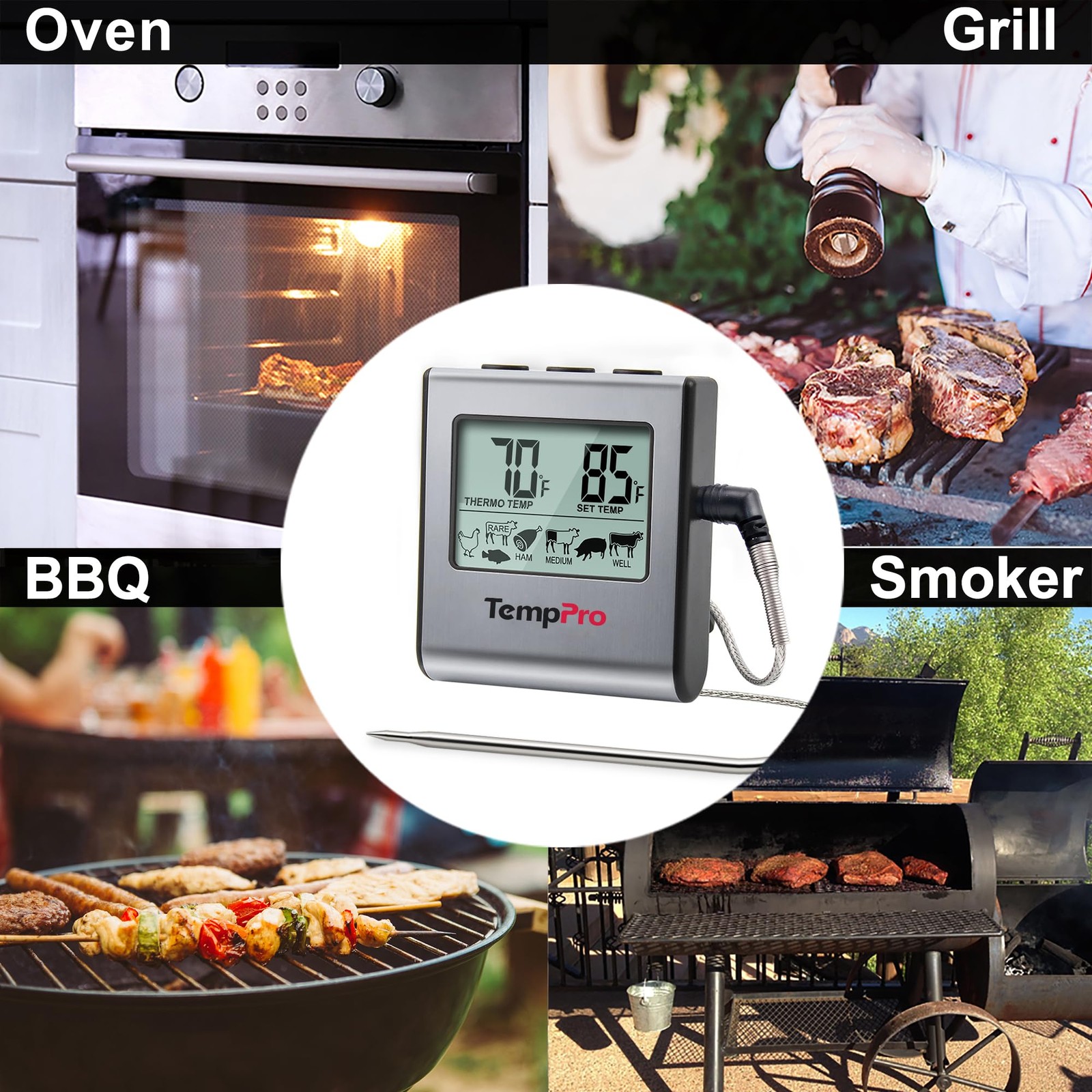 TempPro TP16 Large LCD Digital Meat Thermometer for Smoker Oven Kitchen BBQ G…