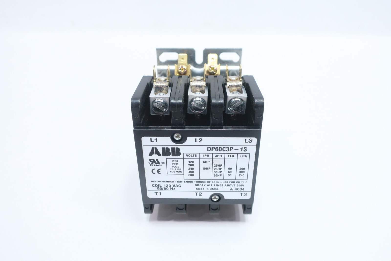 Abb DP60C3P-1S Definite Purpose Ac Contactor 30hp 75a 120v-ac