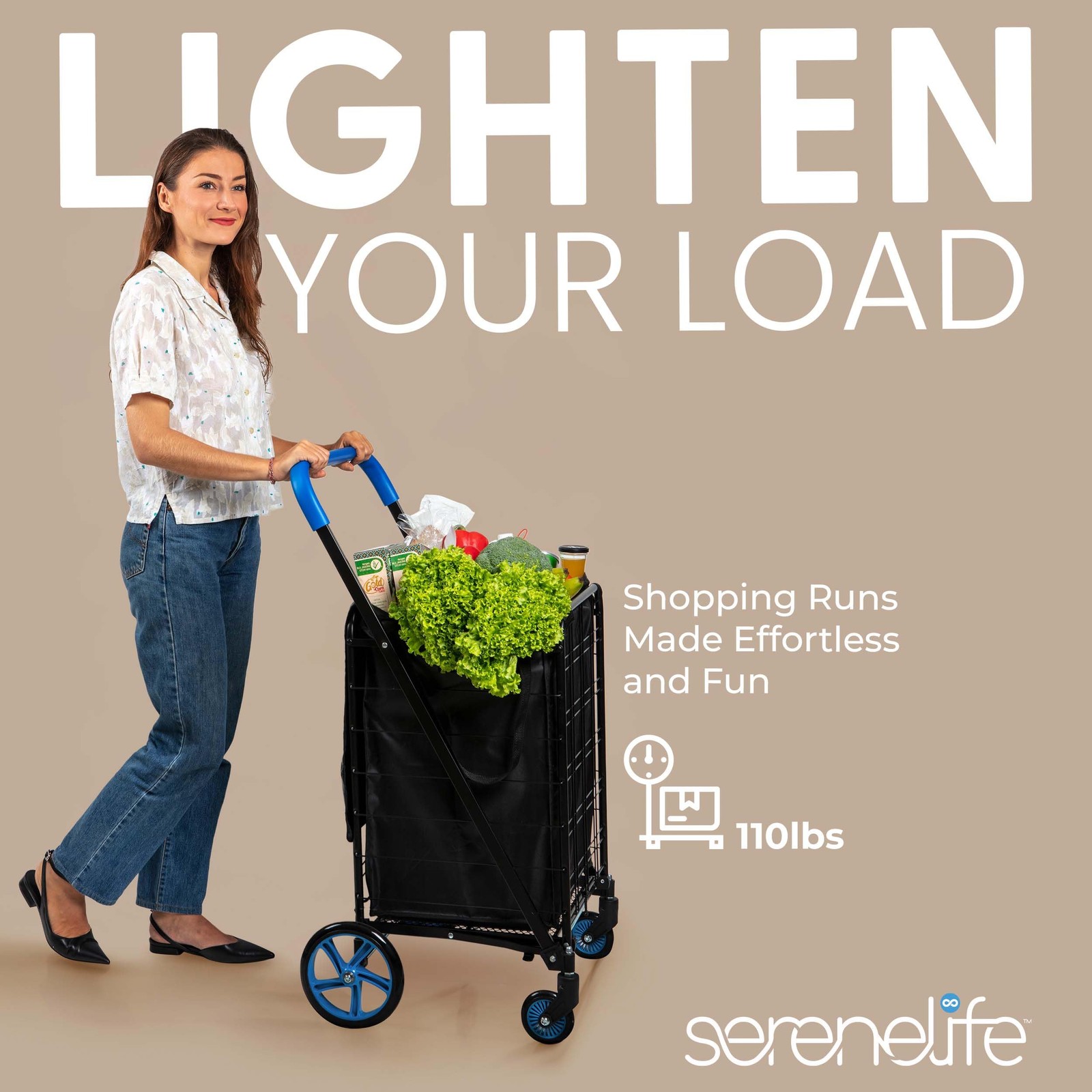 Serenelife Large Folding Utility Shopping Cart Removable Duty 360 Swivel Wheels