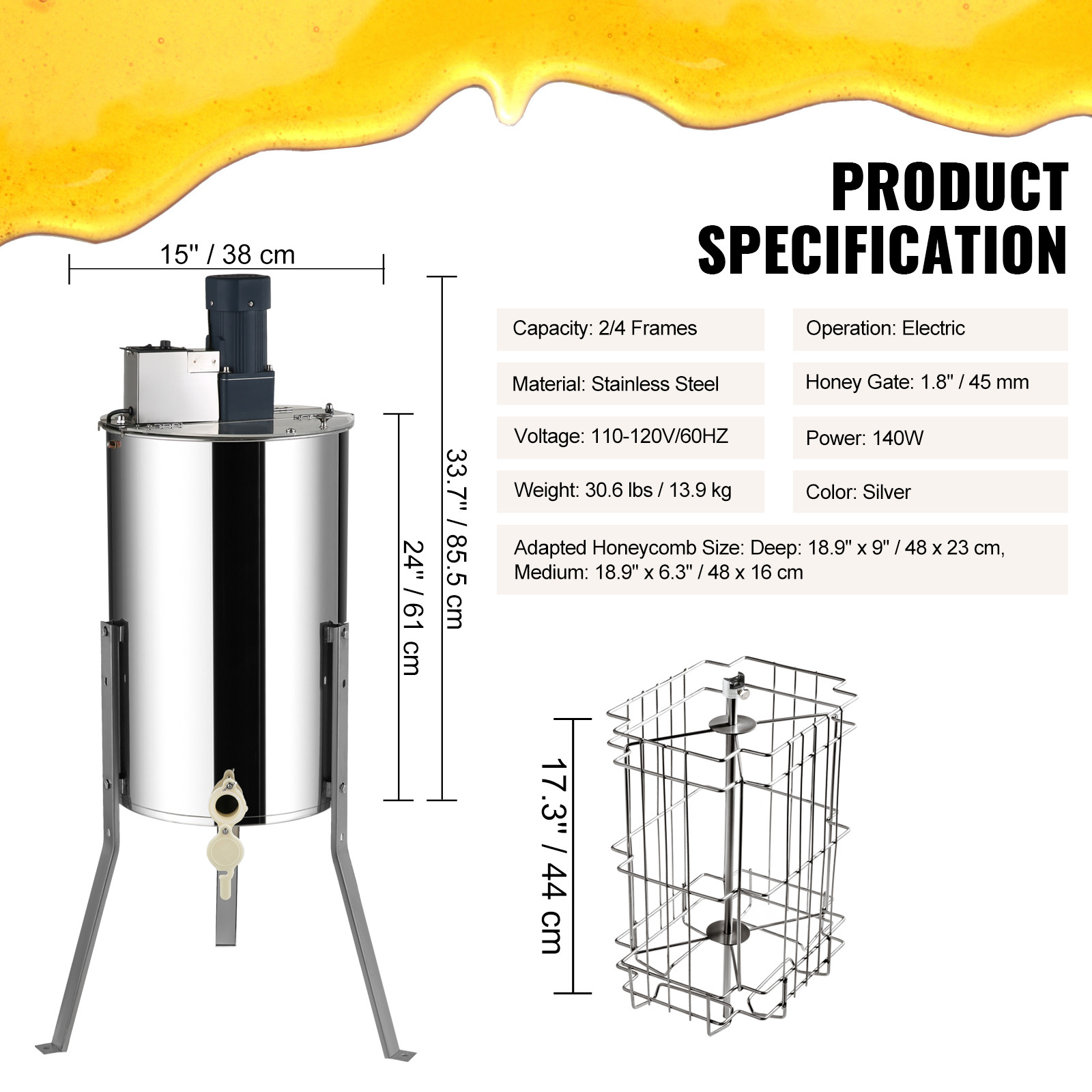VEVOR Electric Honey Extractor Beekeeping Equipment 2/4 Frames Stainless Steel
