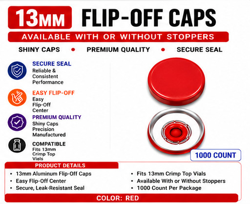 13mm Aluminum Flip-Off Caps Assorted Colors for Crimp Top Serum Vials 1000 Ct
