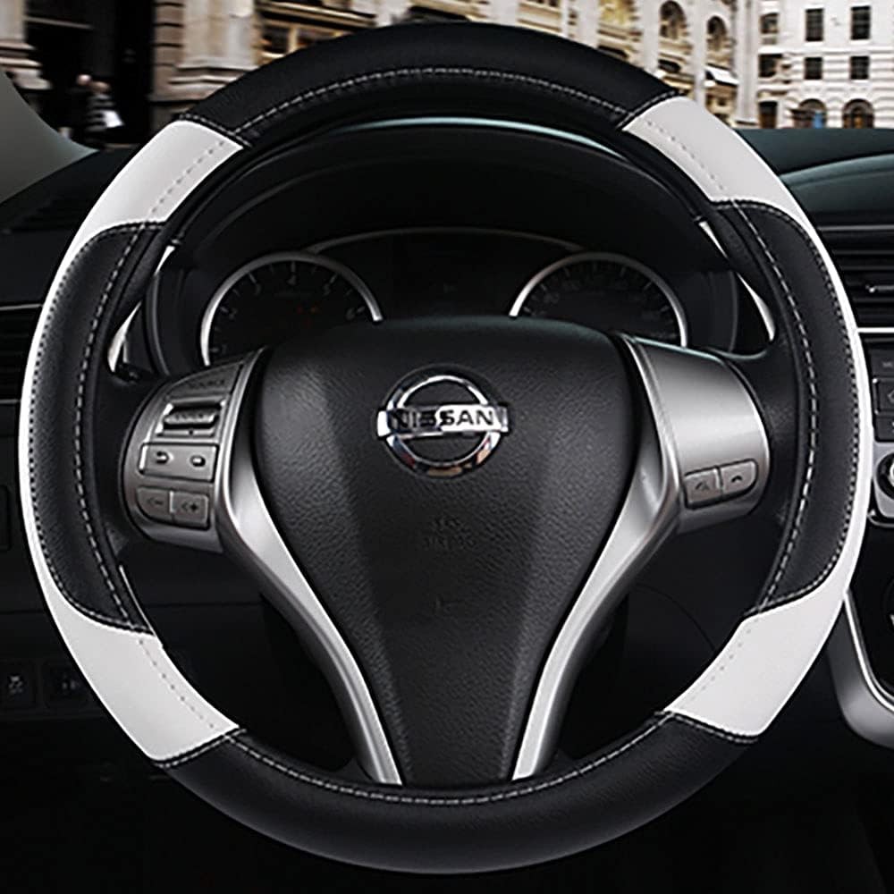 Leather Steering Wheel Cover Universal White Non-Slip Breathable Microfiber 38cm