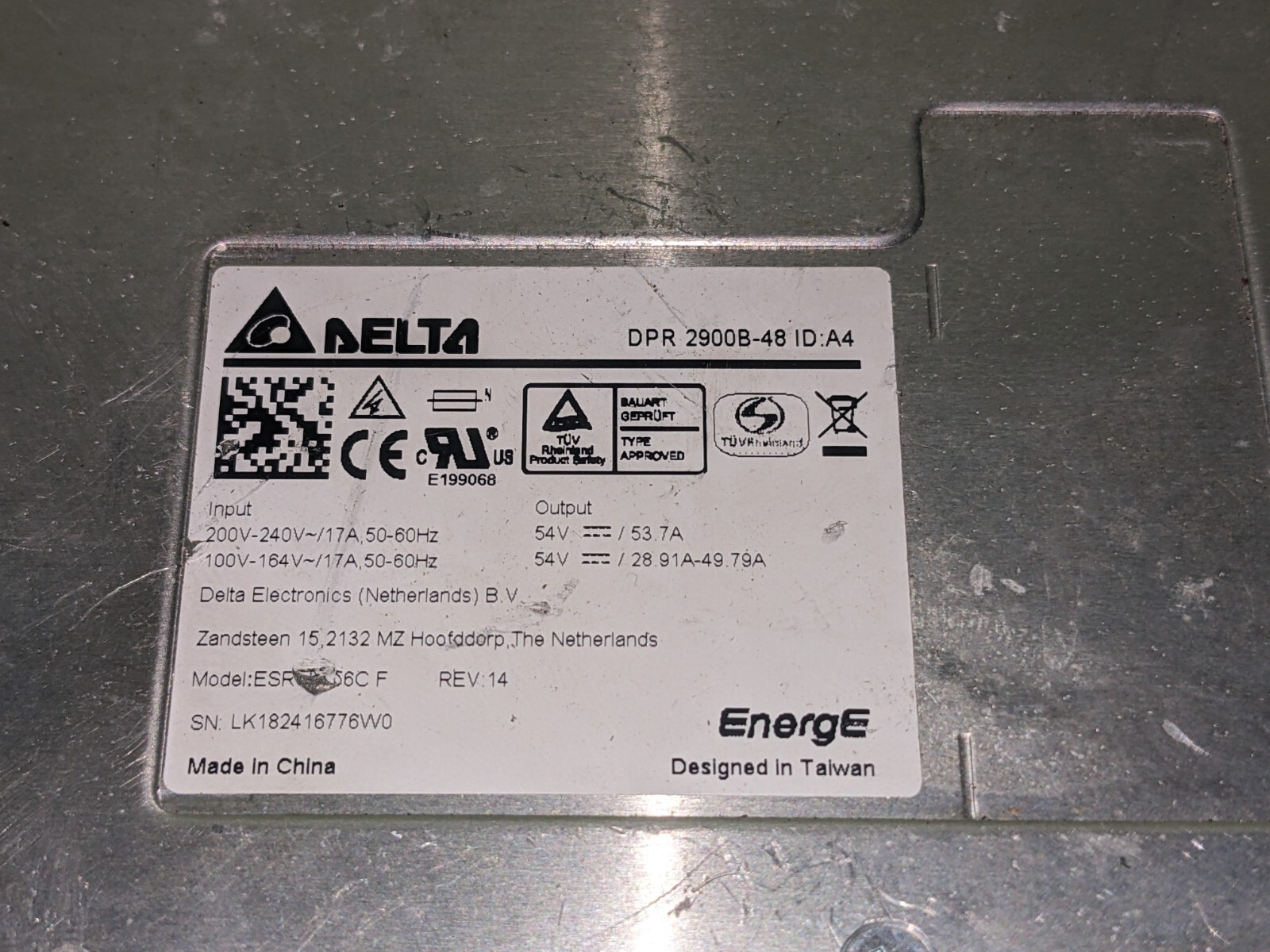 DELTA DPR 2900B-48 HOT-PLUGGABLE RECTIFIER 120/240VAC INPUT -48VDC OUTPUT 234