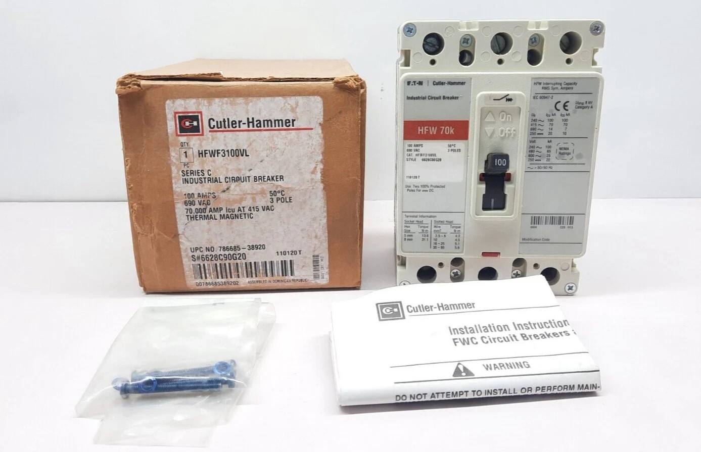 CUTLER HAMMER HFWF3100VL3 POLE 100 AMPS HFW 70K CIRCUIT BREAKER 690VAC