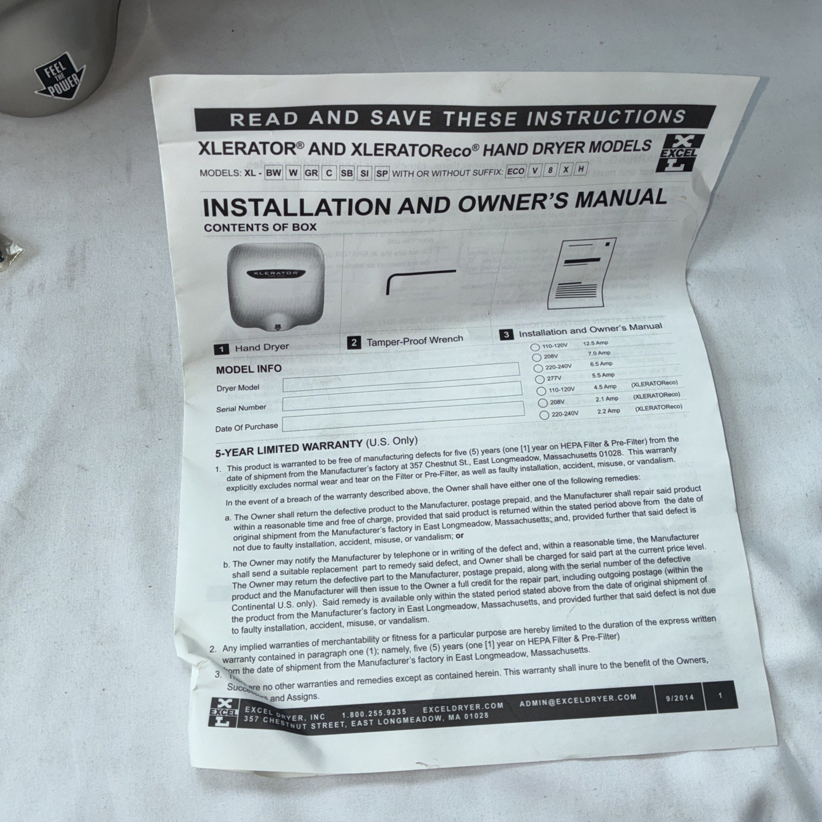 SLOAN XLORATOR MODEL EHD-501-SS Wall Mounted Automatic Hand Dryer