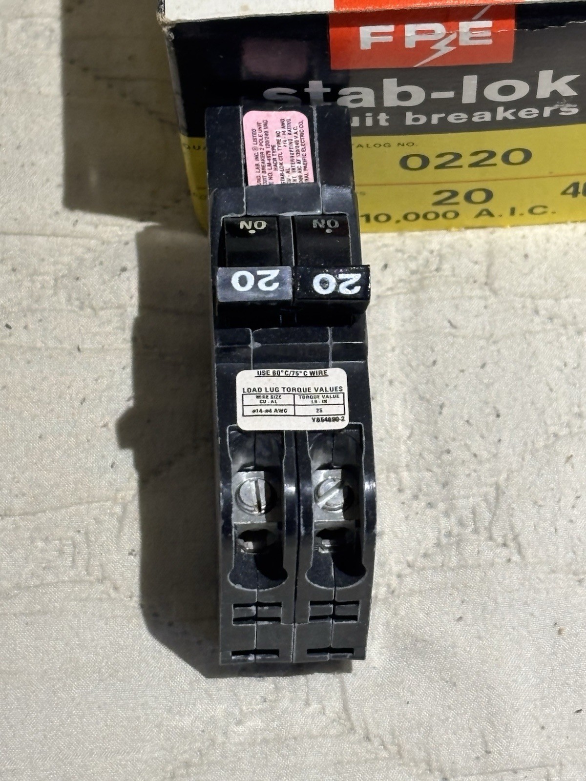 BRAND NEW FEDERAL PACIFIC FPE0220 20 AMP 2 POLE THIN CIRCUIT BREAKER STAB-LOK