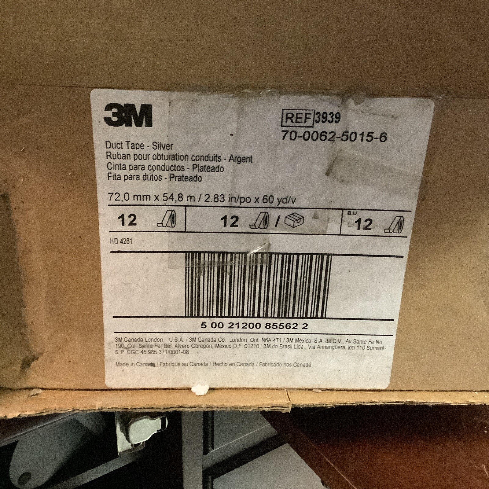 3M 70-0062-5015-6 (3939) 72.0mm x 54,8m/2.83in/po x 60 yd/v Duct Tape