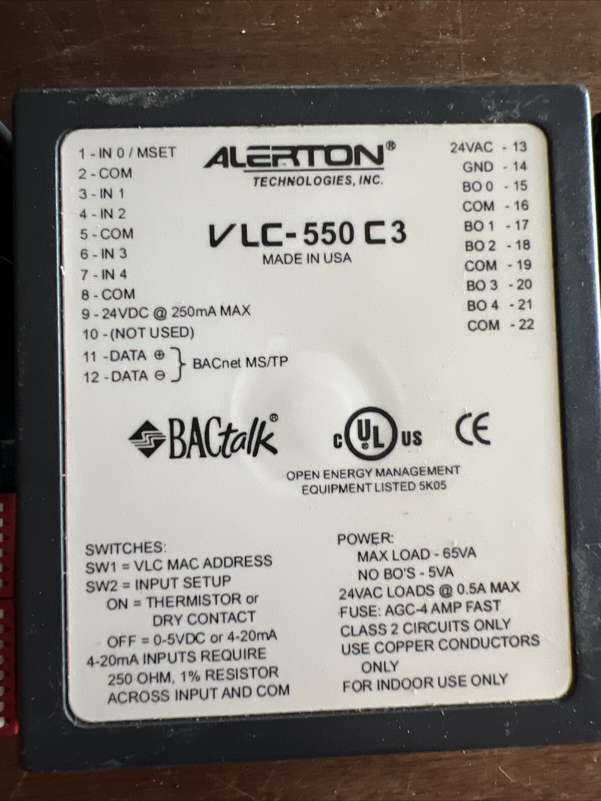 Alerton VLC-550C3 BACtalk BACnet-Compliant Field Programmable Controller