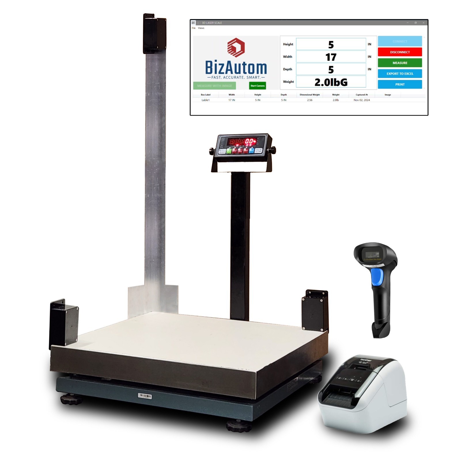 New BizAutom BA-DS2424 Laser Dimensional Scale 500×0.1lb w/ Cam, Scanner Printer