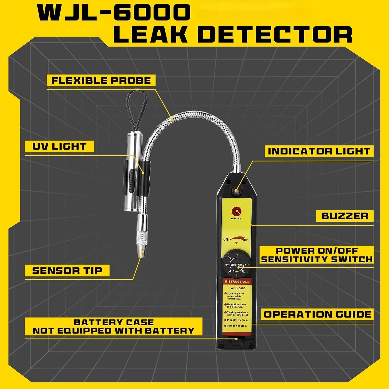 Rugged Refrigerant Leak Detection Tool with Adjustable Probe & UV Safety Glasses