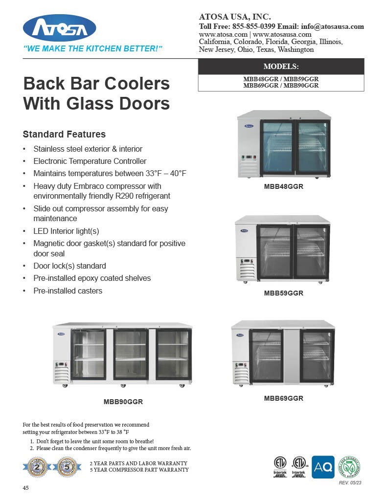 Atosa MBB90GGR, 2-GLASS Door 89″ WIDE BACK BAR COOLER