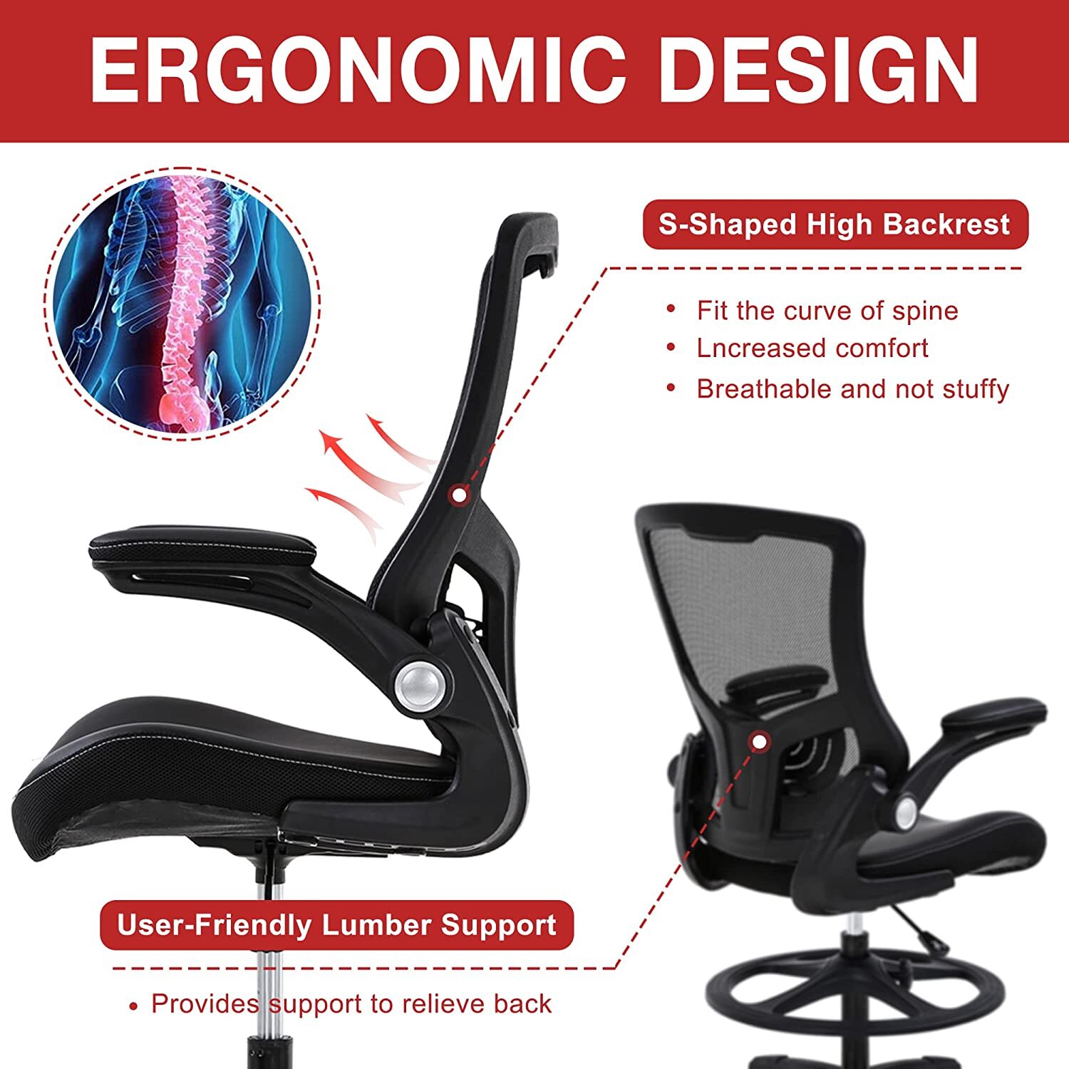 Height Adjustable Rolling Swivel Mesh Drafting Stool Task Executive Chair Black