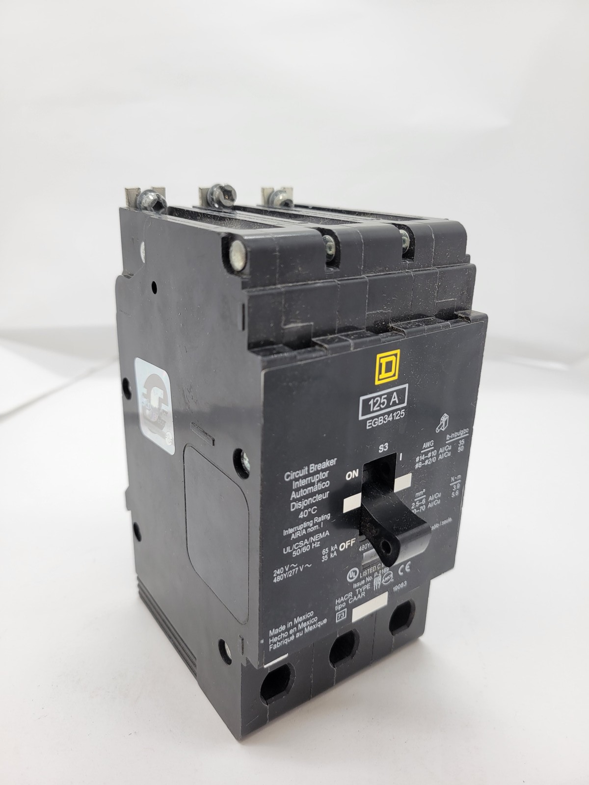 Square D EGB34125 Bolt-On Circuit Breaker 125A 3P 480Y/277V 35KA EGB Series 3
