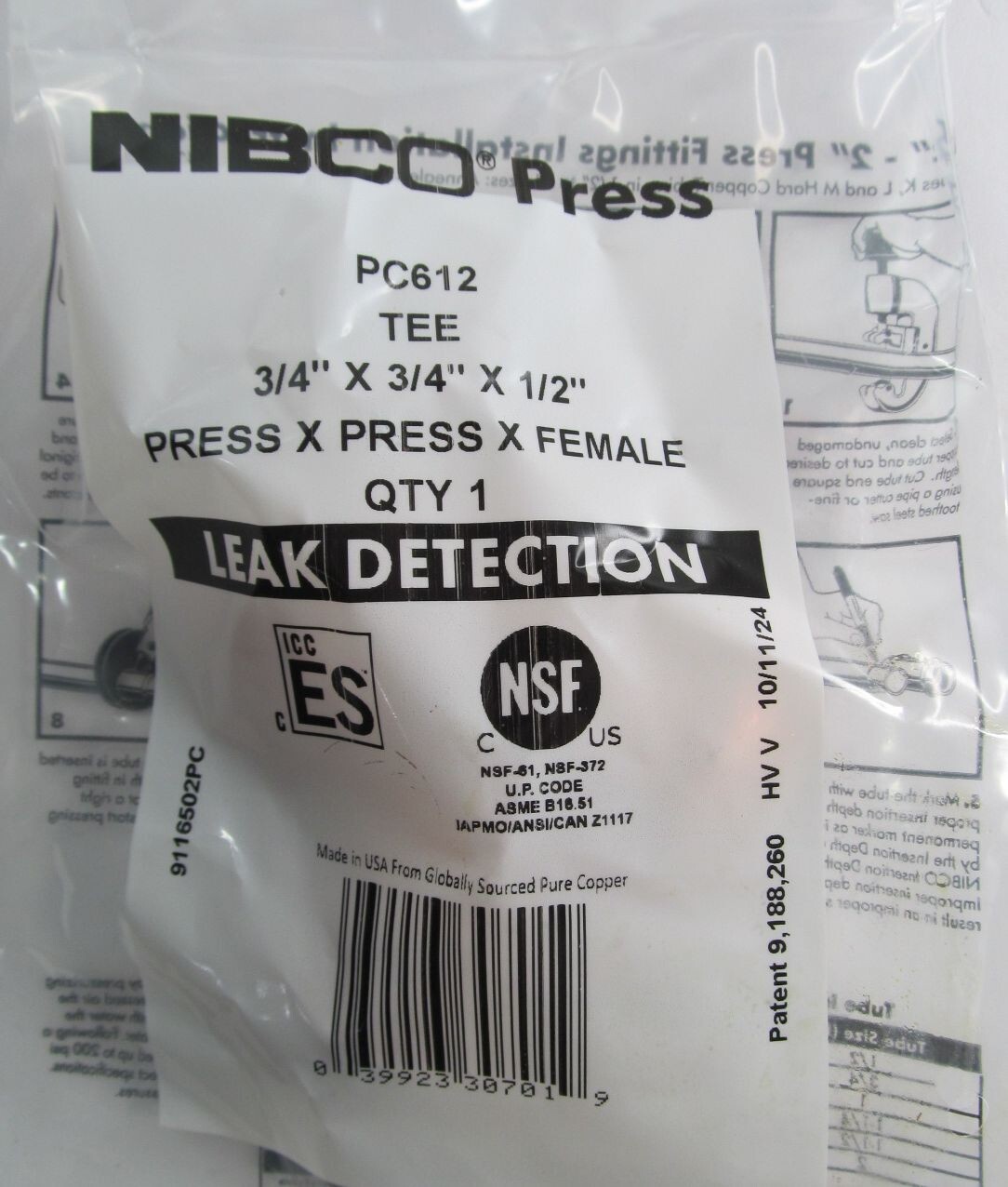 NIBCO LEAK DETECTION PC612 TEE 3/4 x 3/4 x 1/2″ PRESS x PRESS x FEMALE 9116502PC
