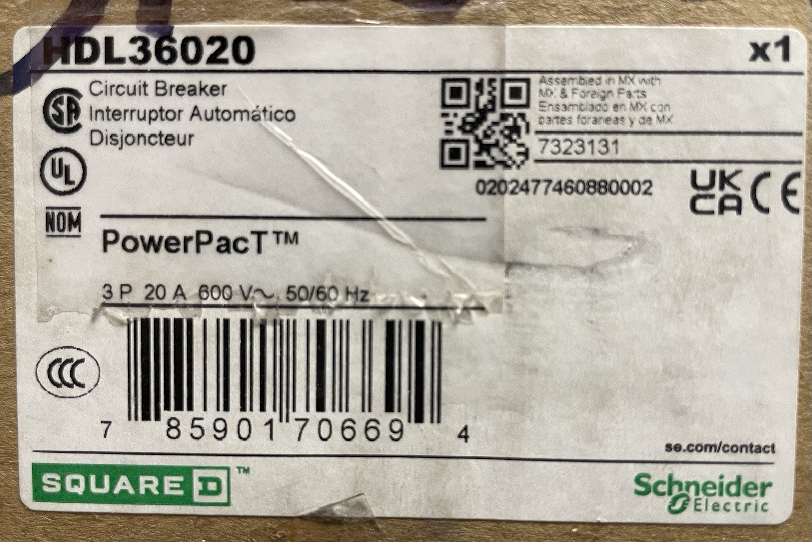 Square D HDL36020 PowertPacT Breaker 20 Amp