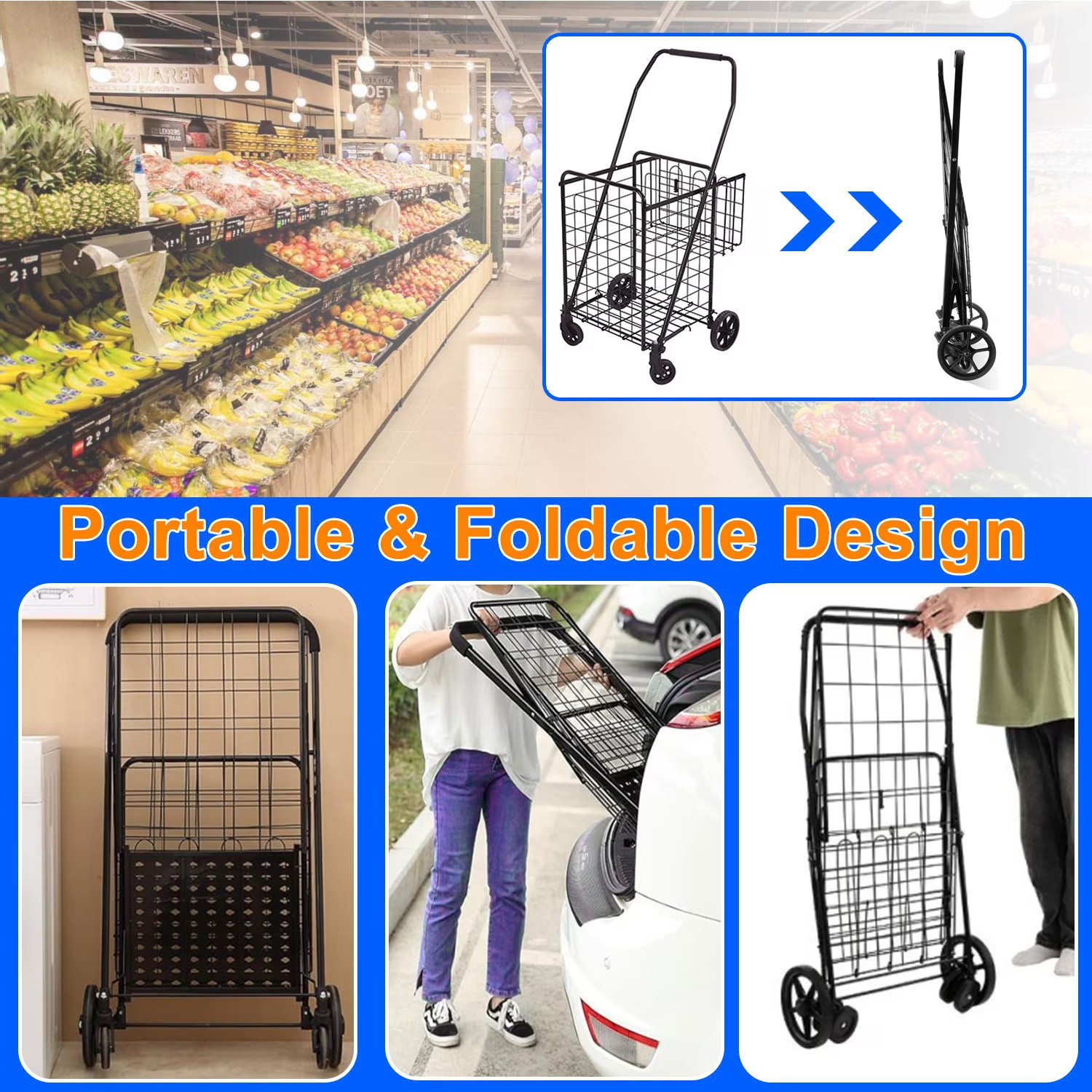 Folding Shopping Cart, Utility Trolley w/Removable Basket, Swivel Wheels, Black