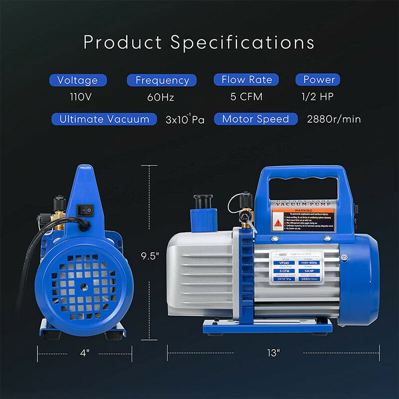 110V 1/2 HP 5 CFM Dual Stage Rotary Vane HVAC Air Vacuum Pump with Oil Bottle