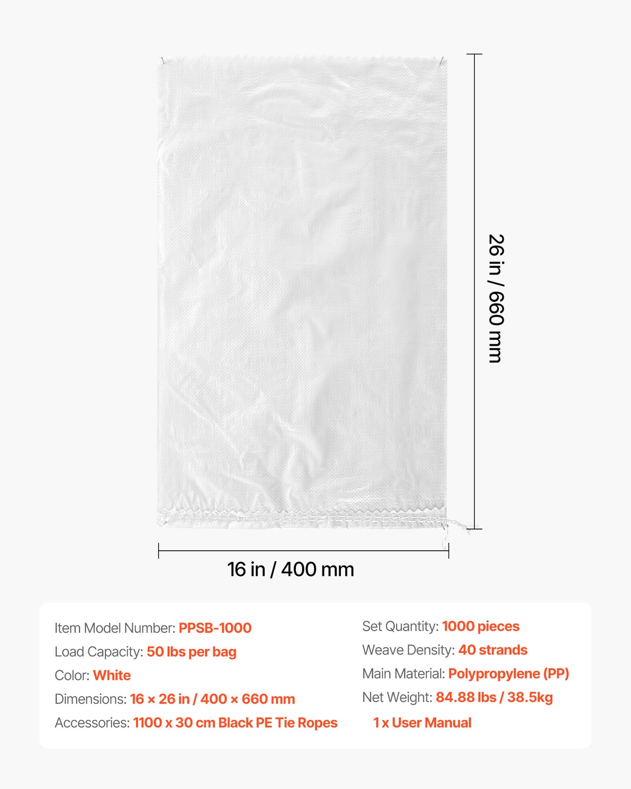 VEVOR Sandbags 50-1000 Pack 16 x 26 in Empty Heavy Duty Sand Bags 50lb Capacity