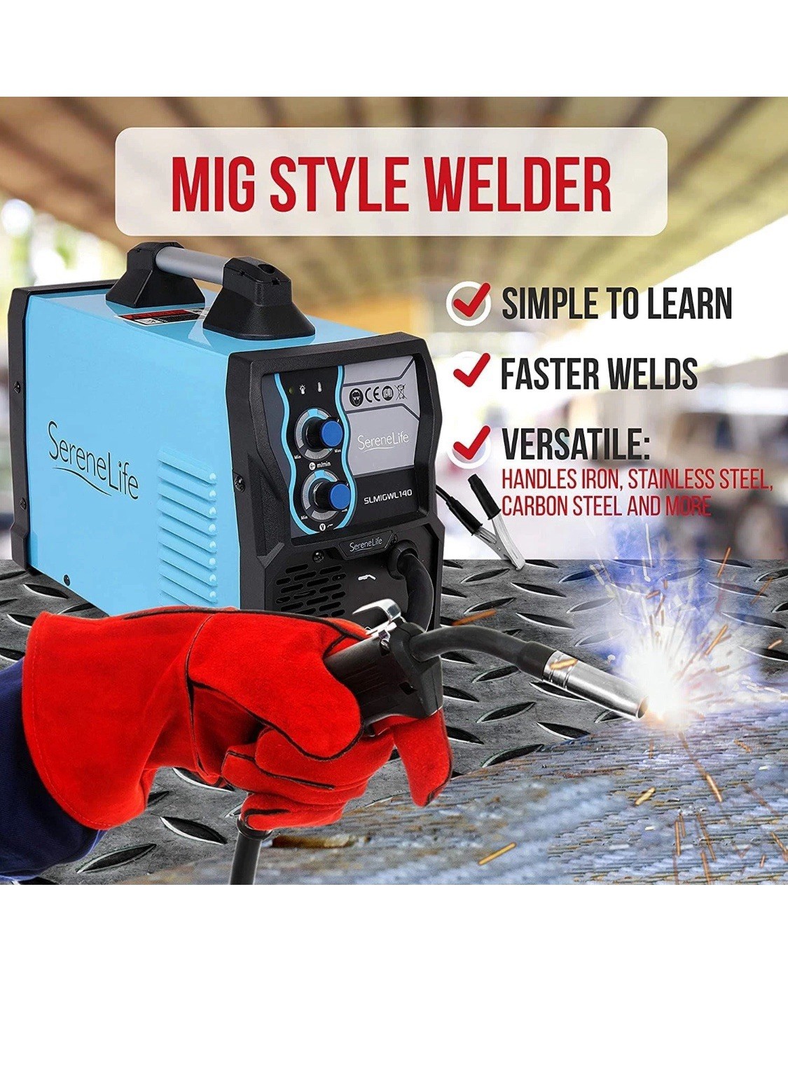 SereneLife MIG Welder Flux Core Welding Machine w/ Gas/No Gas SLMIGWL140 – Blue