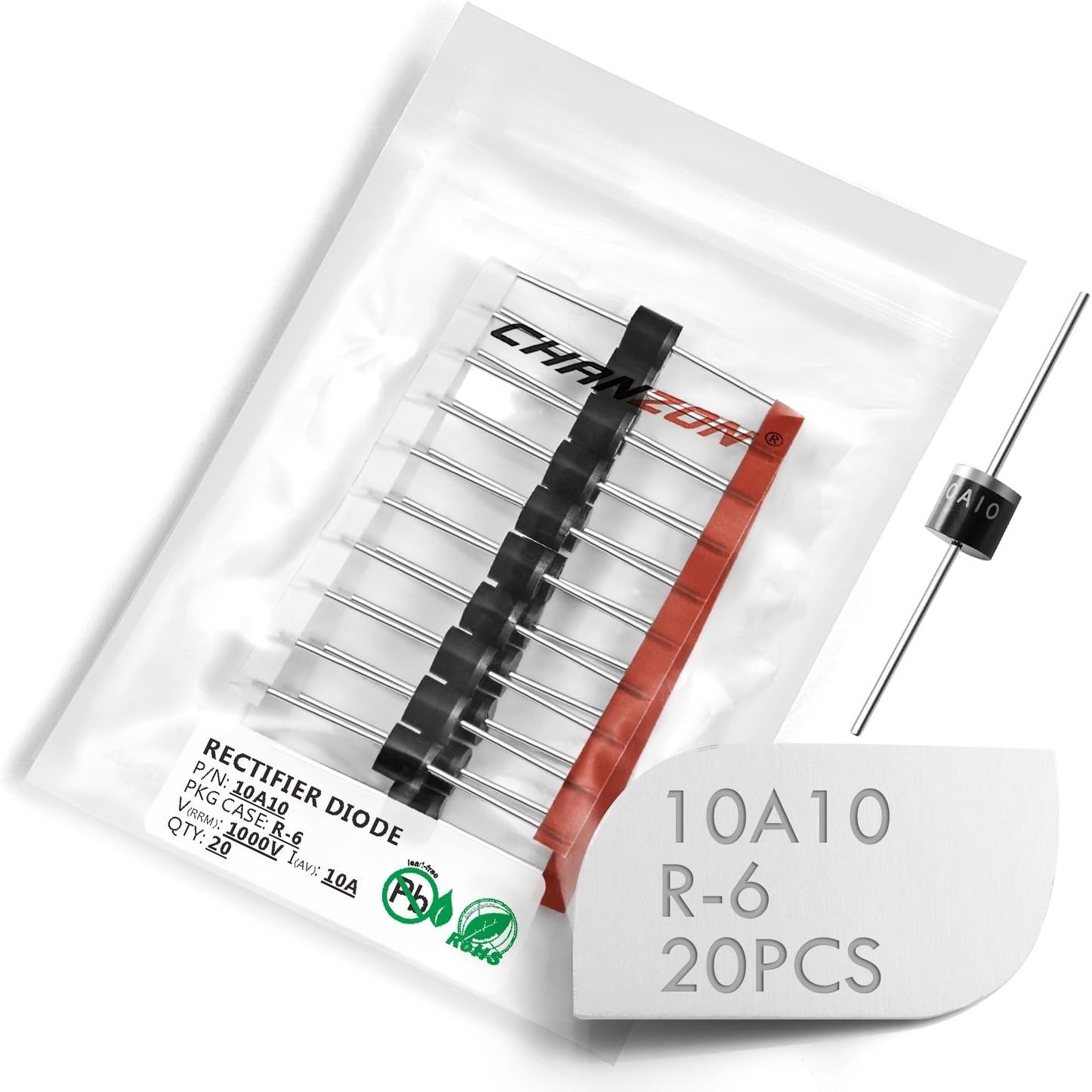 20-Pack 10A10 Axial Diodes – 10A Forward Current, Low Leakage, High Durability