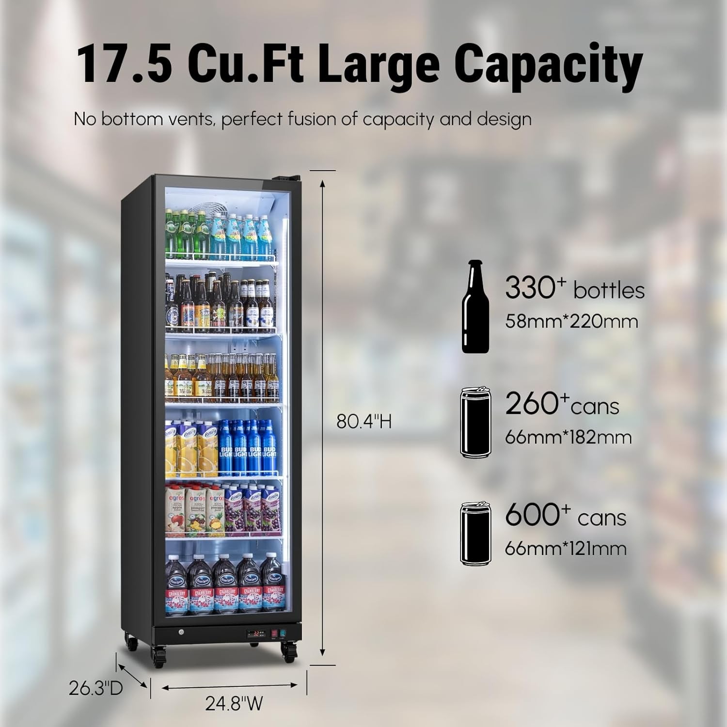 Yeego Commercial Refrigerator Single Glass Door Beverage Merchandiser 17.48Cu.ft