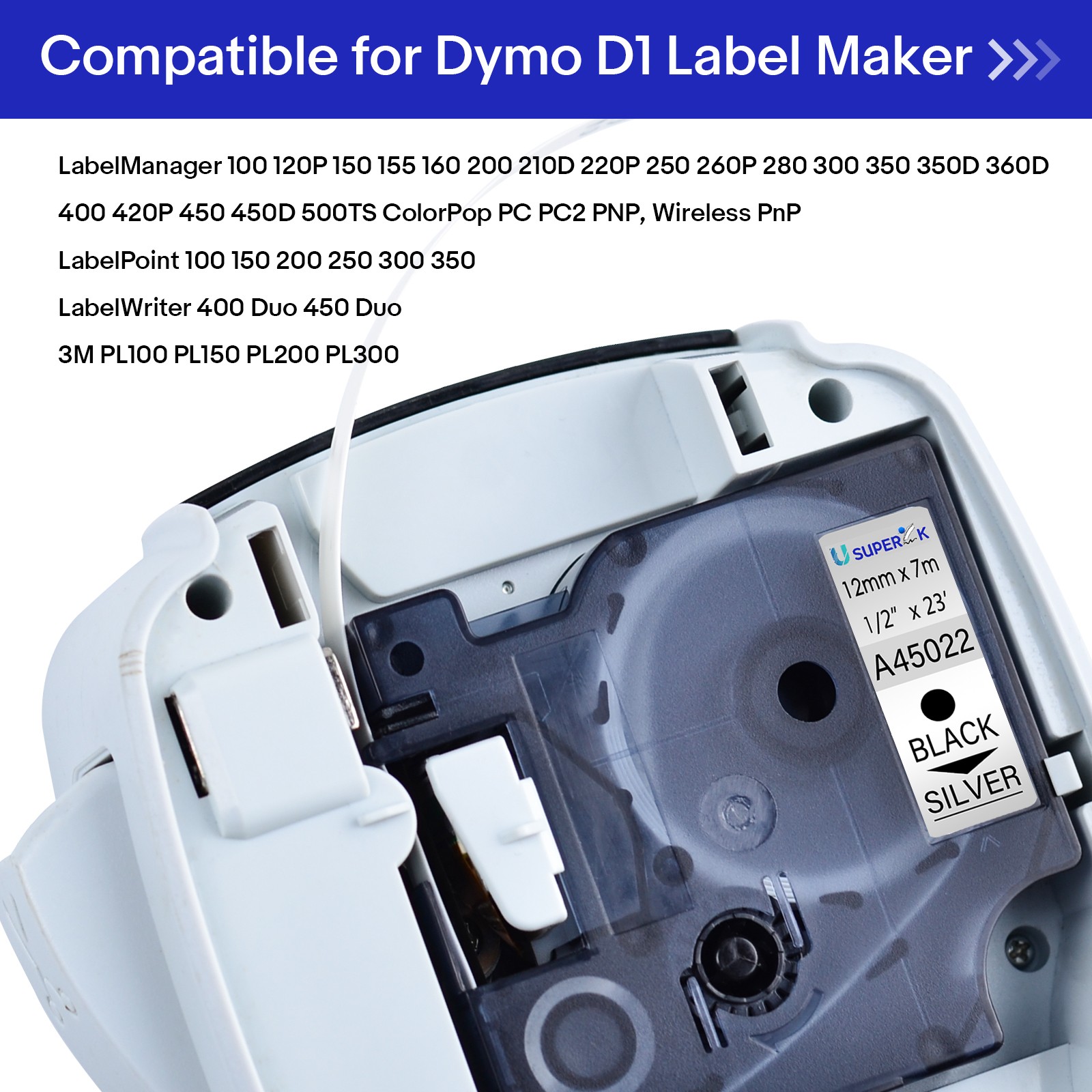 8xA45022 Black on Silver Label Tape Dymo D1 0.47» Work For LabelManager 150 155