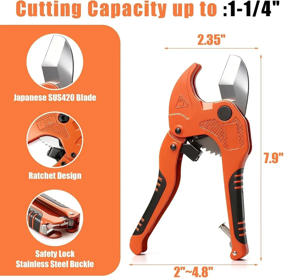 One-Hand PVC PEX Pipe Cutter Ratchet V-Blade SUS420 Cuts to 1-1/4″ for Plumbing