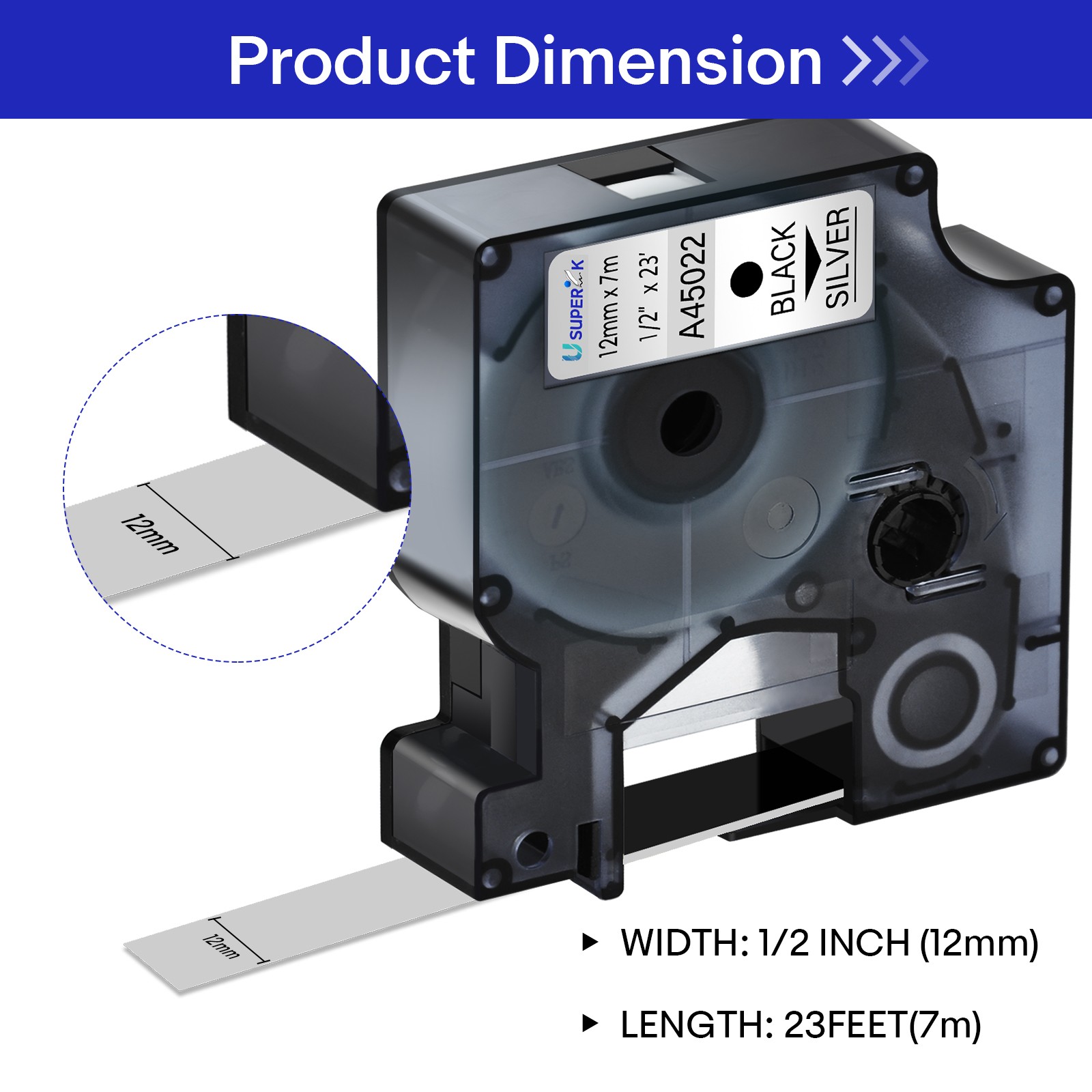 8xA45022 Black on Silver Label Tape Dymo D1 0.47» Work For LabelManager 150 155