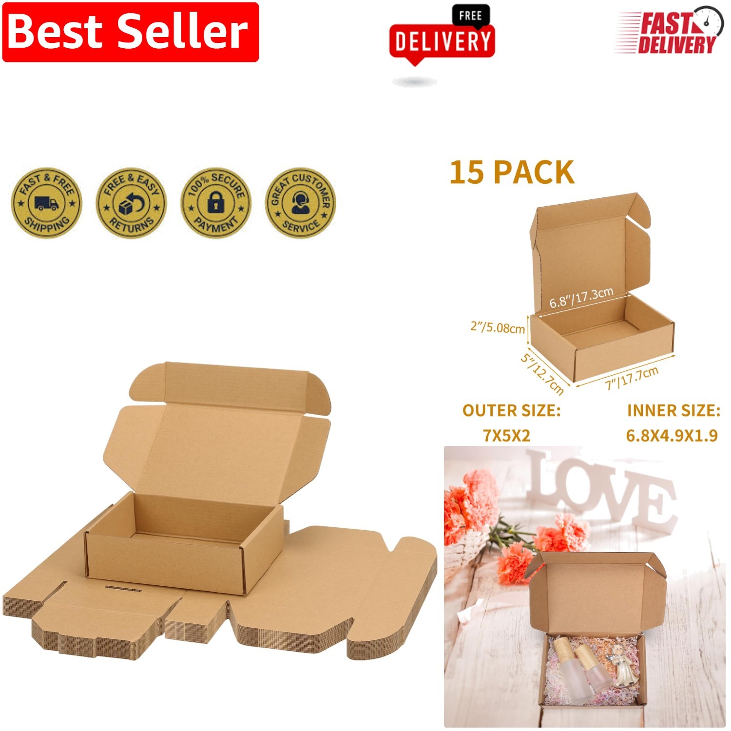 Versatile 7x5x2 Inch Brown Mailer Boxes – Easy Assembly Gift Packaging (15 Pack)